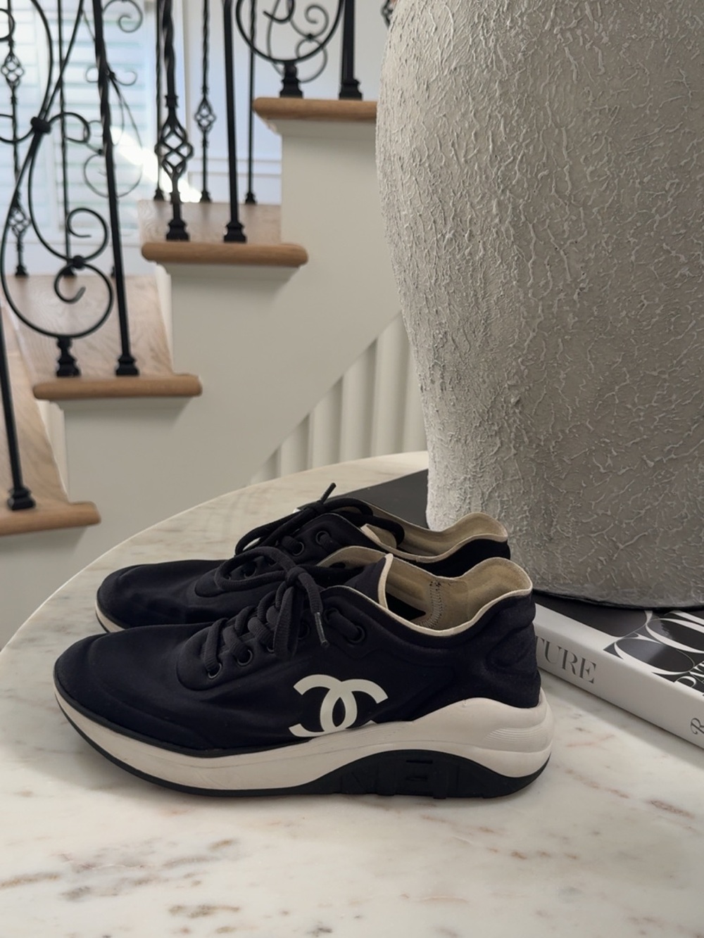 CHANEL Black and White CC Logo Sneakers